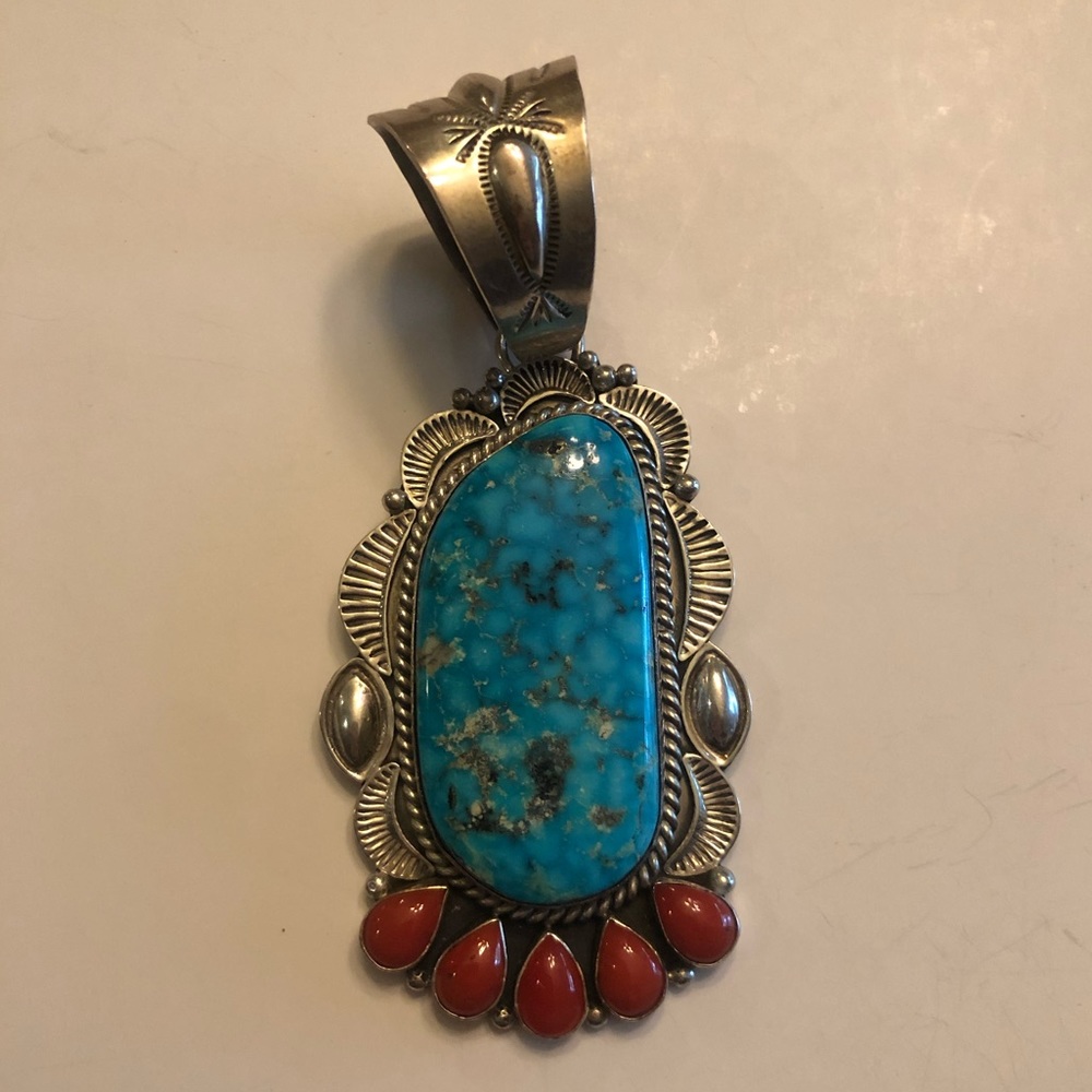 Turquoise and Coral silver pendant